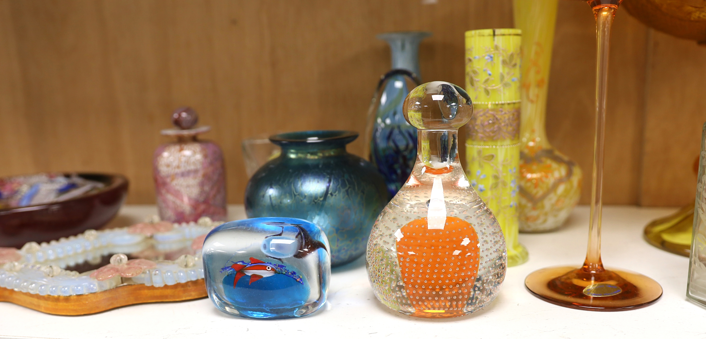 Fourteen glass items, including; paper weights, vases, perfume bottles, a Venetian style mirror and a pressed glass centrepiece, items by Wedgwood, etc.